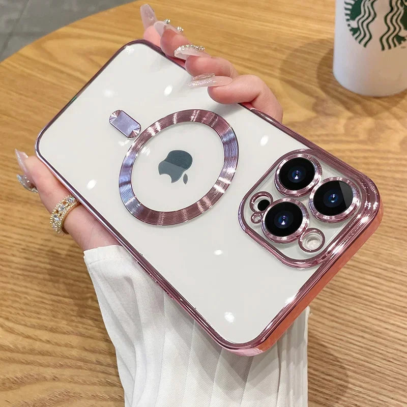 Phone case with rose gold Luxury Plating Magnetic MagSafe Transparent iPhone Case with Lens Protector