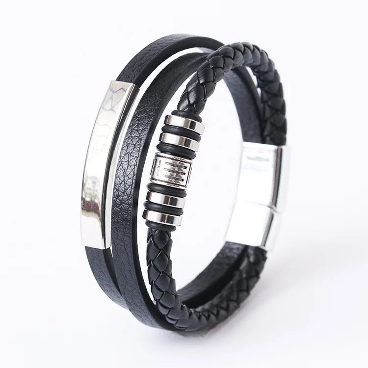 Mens braided leather bracelet with stainless steel clasp multilayer rope wristband