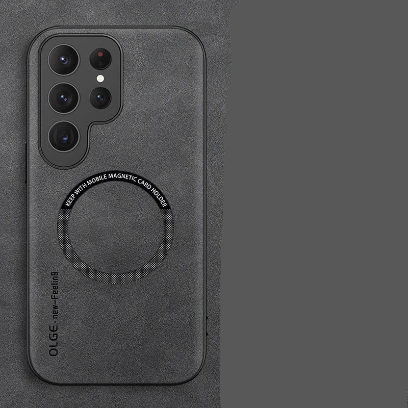 Dark gray phone case with a magnetic card holder on a matching background