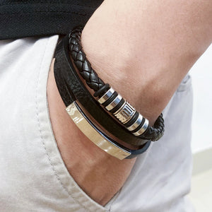 Mens braided leather bracelet with stainless steel clasp multilayer rope wristband