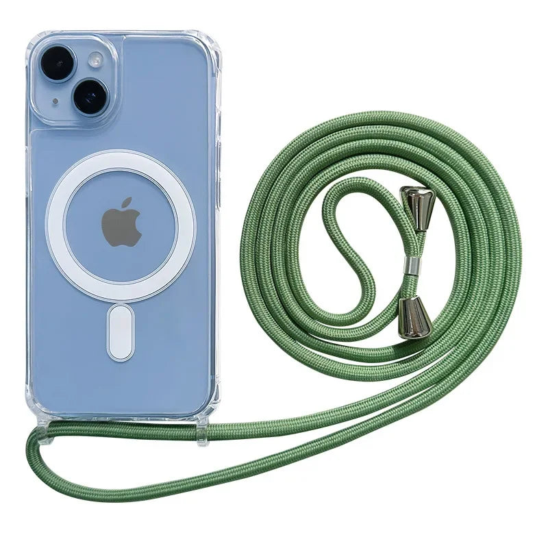 Blue Crossbody Magnetic Clear iPhone Case with Lanyard Hard PC Back Cover and green lanyard on a white background