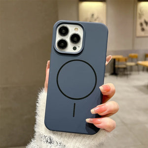 Blue Luxury Skin Feel Magnetic Magsafe Phone Case for iPhone 12-17 Pro Max Plus Wireless Charger Cover.