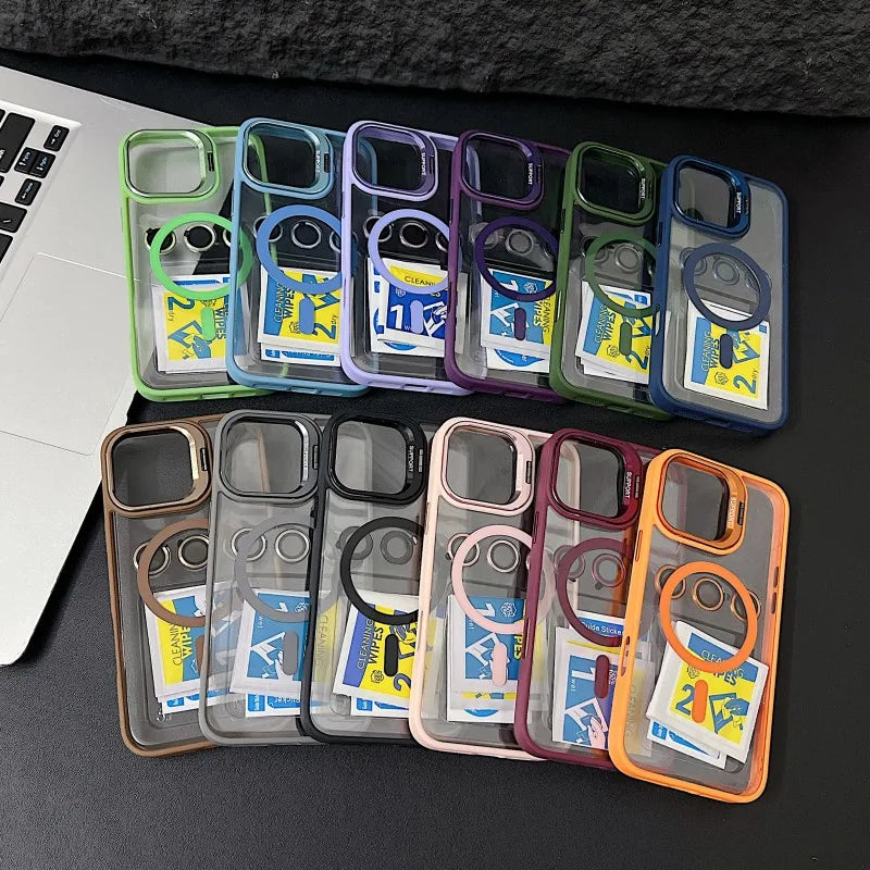 Luxury Magnetic Shockproof Phone Case For iPhone 15 14 13 12 11 16 17 Pro Max Plus 16E Stand Glass Lens Protection Cover