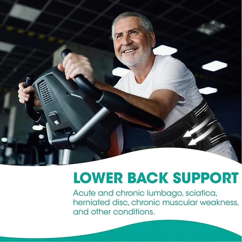 Man using exercise equipment with lower back support, featuring text on benefits.