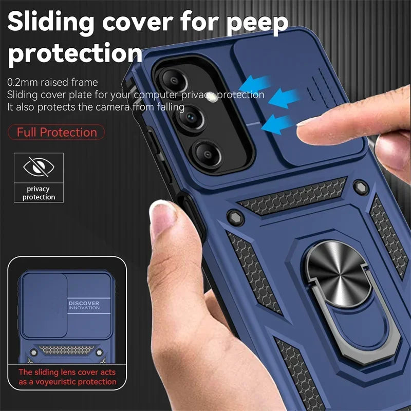Blue Samsung phone case with sliding cover for privacy protection, held by a hand.