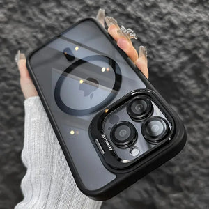 iPhone case with camera lens and brand logo held by a hand against a textured gray background