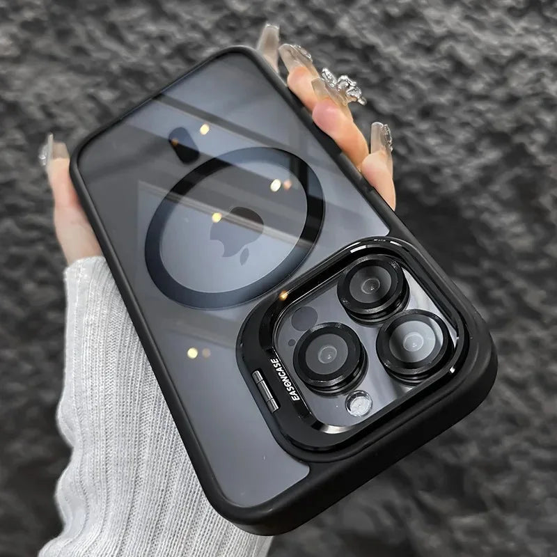 iPhone case with camera lens and brand logo held by a hand against a textured gray background