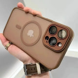 Brown Matte translucent magnetic iPhone case with camera lens protection and MagSafe held by a person