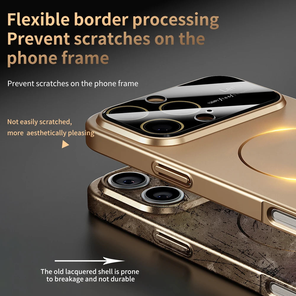 Gold phone case with text highlighting its benefits on a dark background