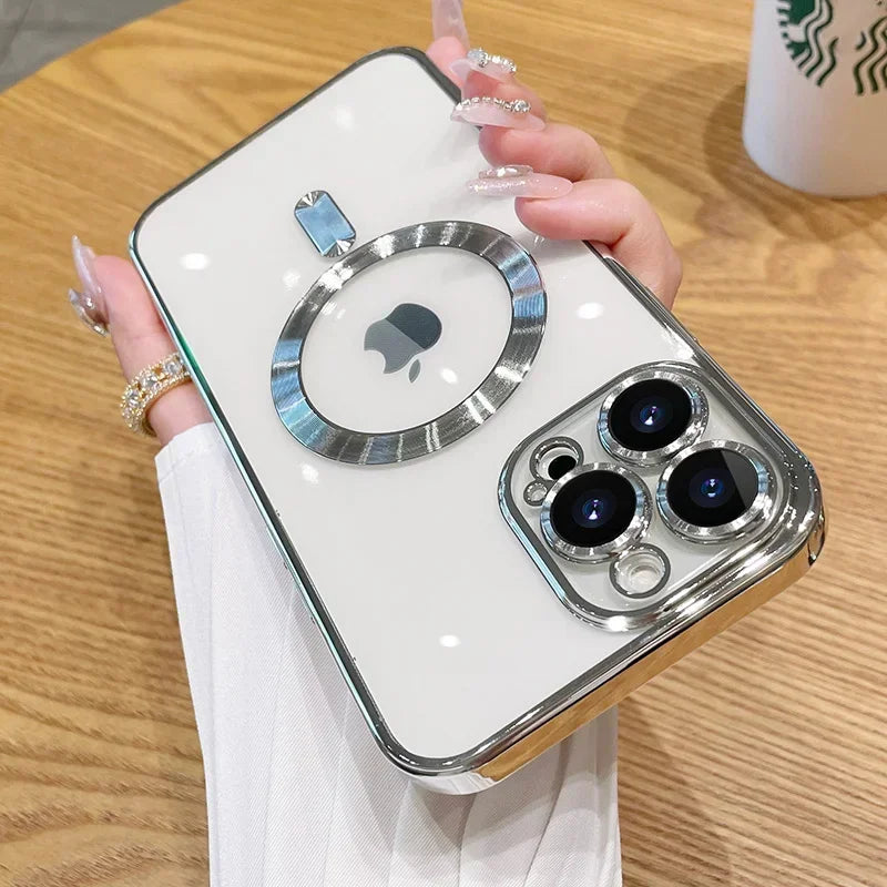Luxury Plating Magnetic MagSafe Transparent iPhone Case with Lens Protector
