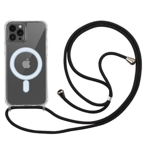 Crossbody Magnetic Clear iPhone Case with Lanyard Hard PC Back Cover and a black lanyard on a white background