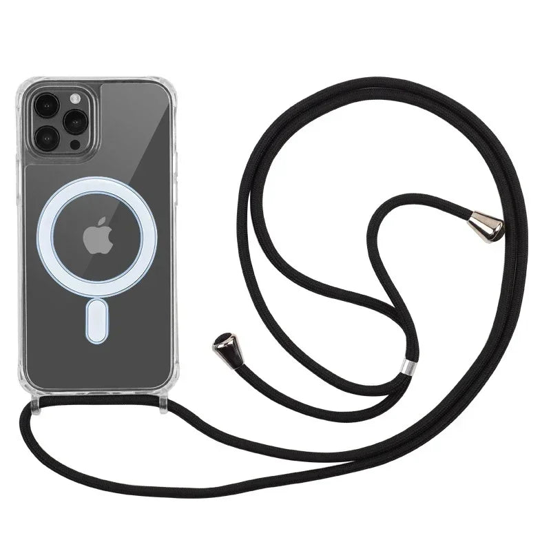 Crossbody Magnetic Clear iPhone Case with Lanyard Hard PC Back Cover and a black lanyard on a white background