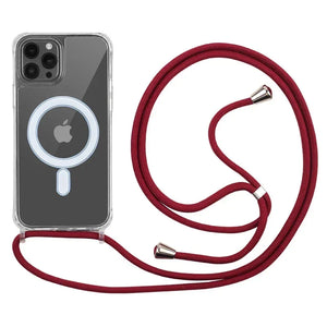 Crossbody Magnetic Clear iPhone Case with Lanyard Hard PC Back Cover and clear design, featuring a red lanyard on a white background