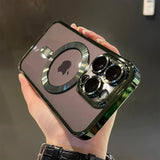 Luxury magnetic plating clear MagSafe case for iPhone 11–17 Pro Max Shockproof, lightweight, wireless charging ready.