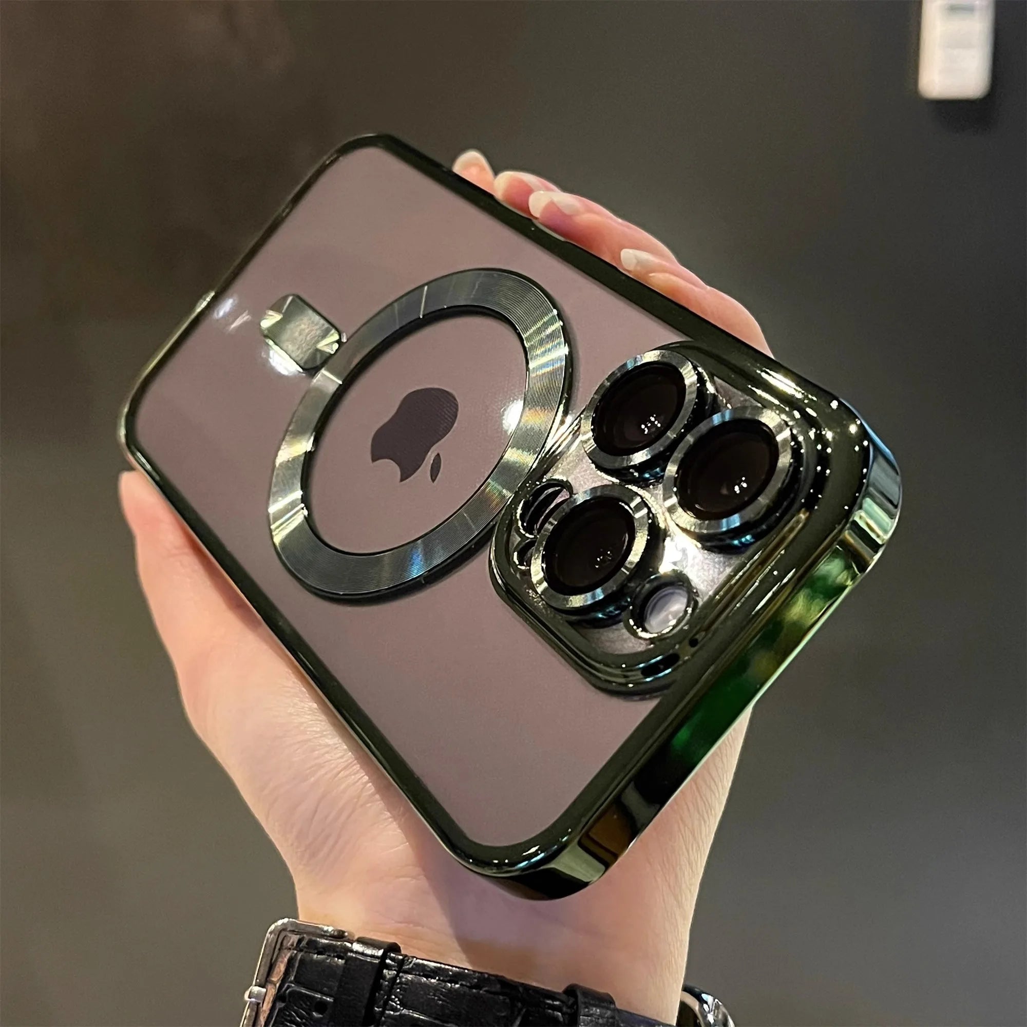 Luxury magnetic plating clear MagSafe case for iPhone 11–17 Pro Max Shockproof, lightweight, wireless charging ready.