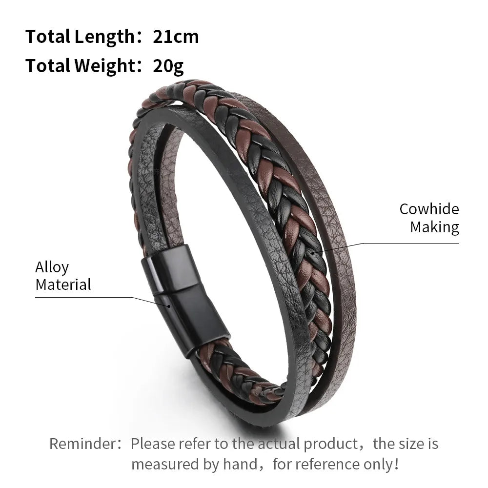 Mens braided leather bracelet with stainless steel clasp multilayer rope wristband