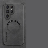 Black Magnetic Armor Case for Samsung Galaxy with 'Luxury Leather' text on a gray background