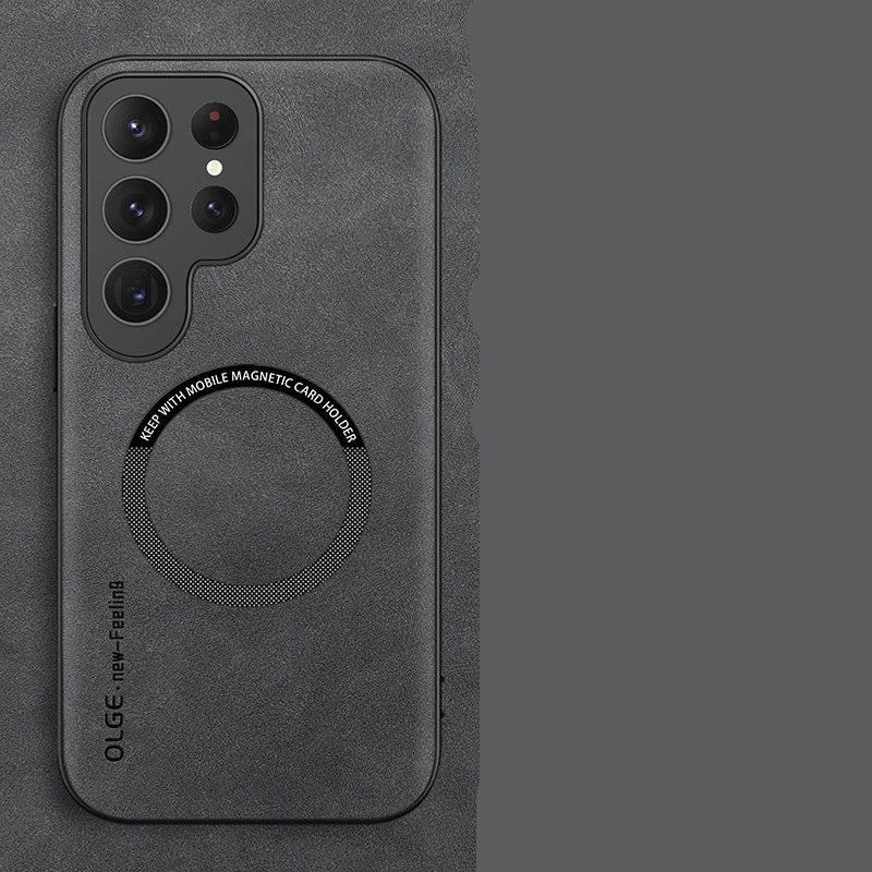 Black Magnetic Armor Case for Samsung Galaxy with 'Luxury Leather' text on a gray background