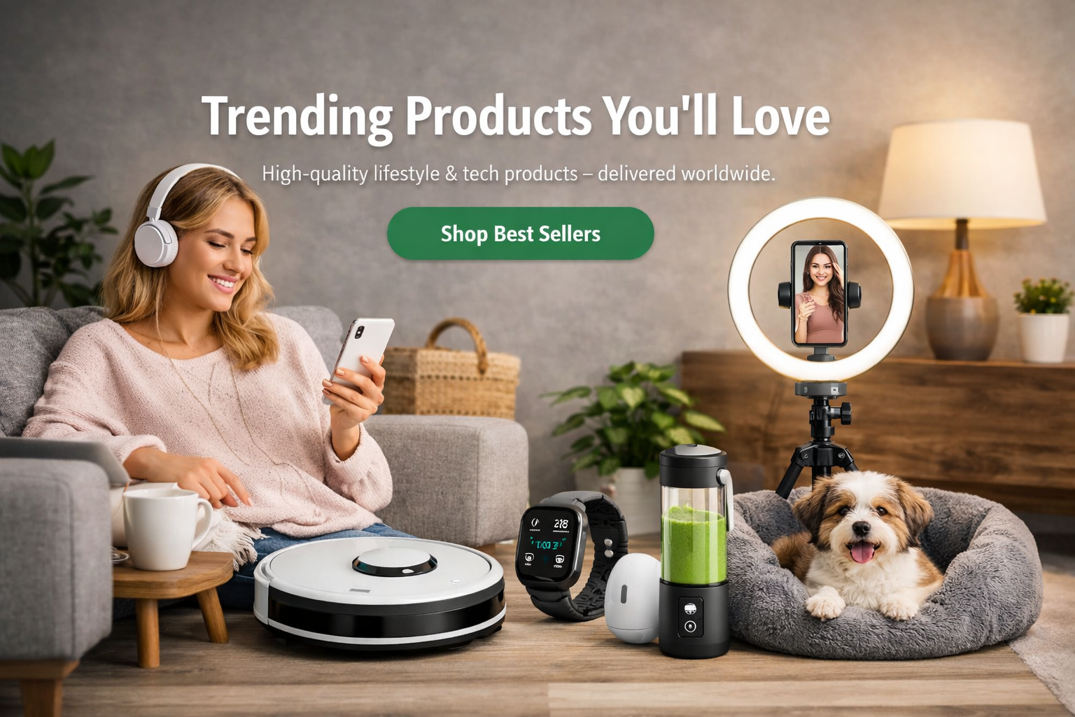 Woman using a smartphone with various trending products displayed on a table, including a robot vacuum cleaner and a pet camera.